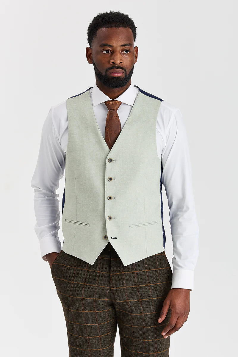 Costum Harris Green Check Tweed cu vestă contrastantă Belmont Sage