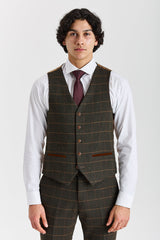 Harris - Vestă verde în carouri cu model herringbone din tweed pentru bărbați