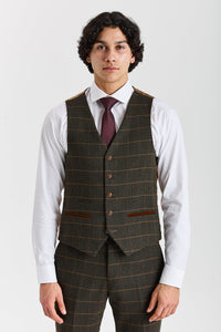 Harris - Vestă verde în carouri cu model herringbone din tweed pentru bărbați
