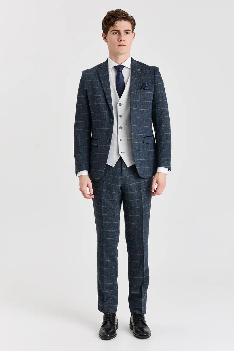Costum Harris Navy Tweed cu vestă Belmont argintie contrastantă