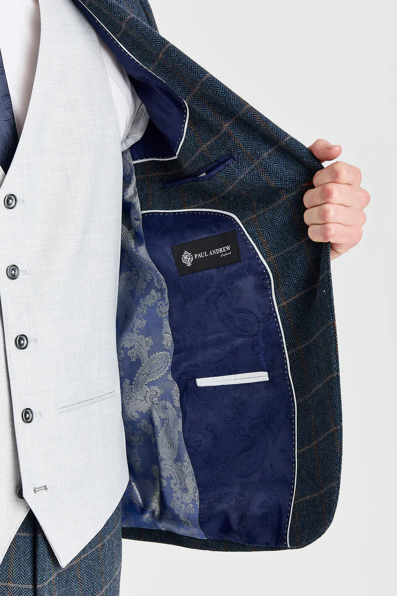 Costum Harris Navy Tweed cu vestă Belmont argintie contrastantă