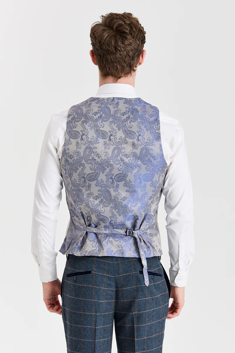 Costum Harris Navy Tweed cu vestă Belmont argintie contrastantă