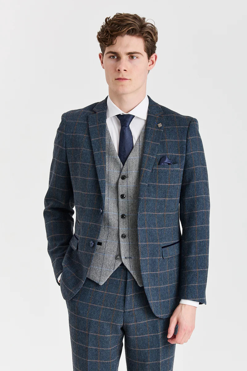 Costum Harris bleumarin tweed cu vestă Harris gri contrastantă din tweed