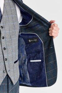 Costum Harris bleumarin tweed cu vestă Harris gri contrastantă din tweed