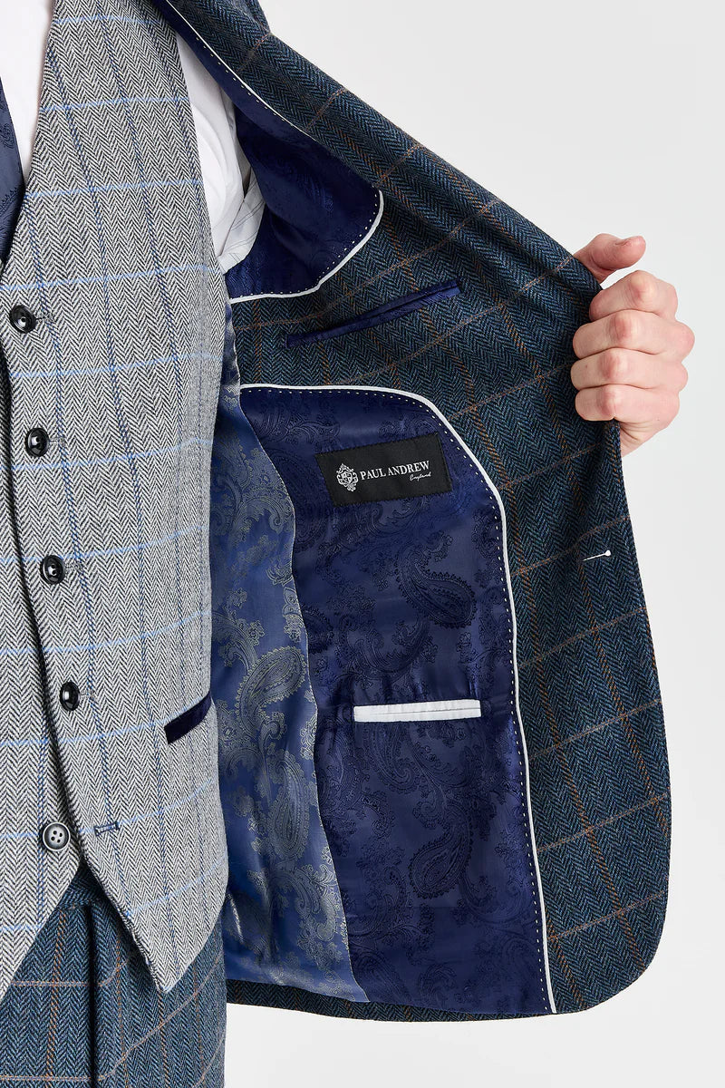 Costum Harris bleumarin tweed cu vestă Harris gri contrastantă din tweed