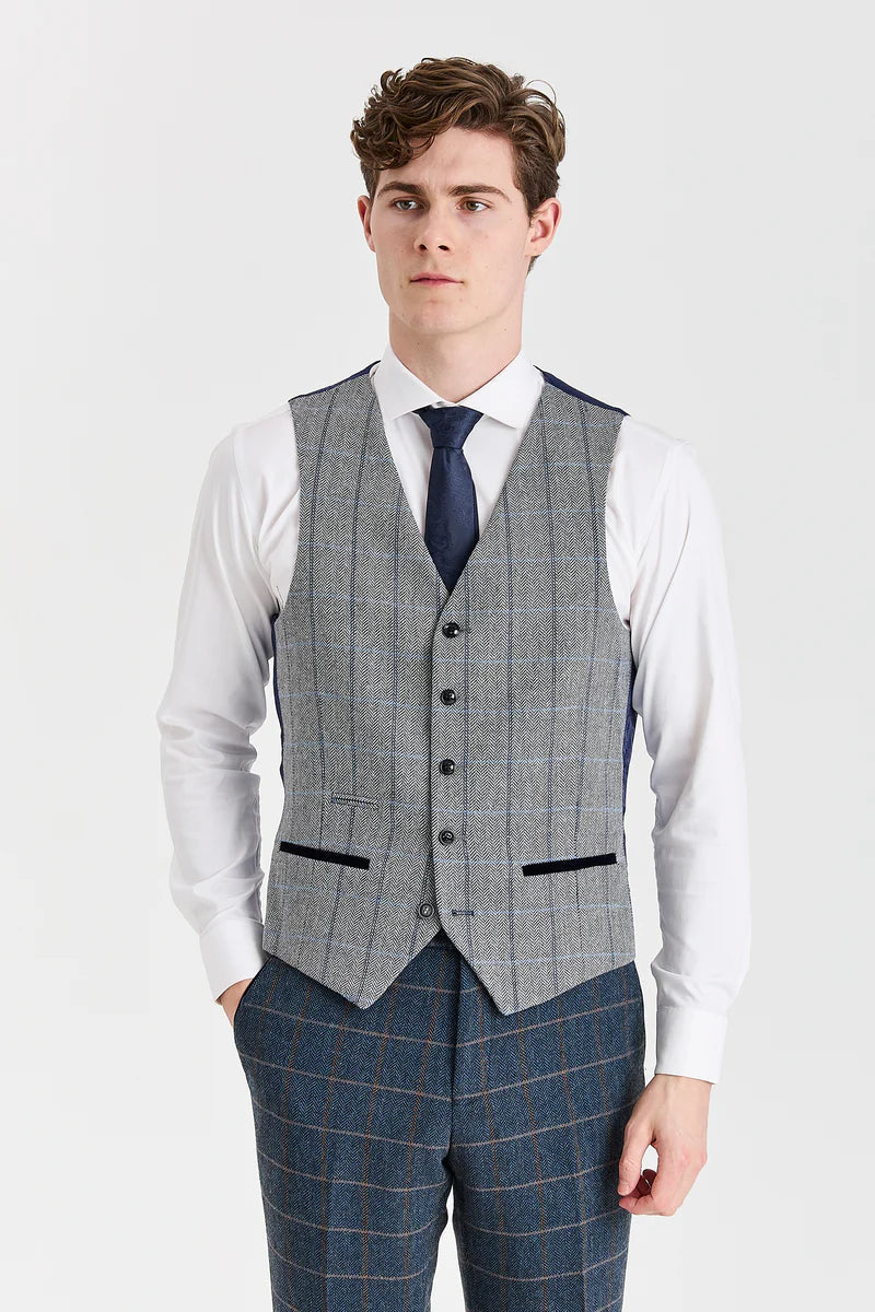 Costum Harris bleumarin tweed cu vestă Harris gri contrastantă din tweed