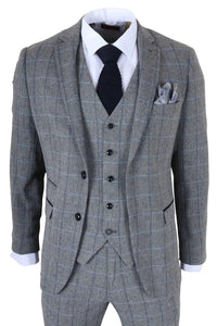Harris - Costum bărbătesc gri din 3 piese, model herringbone, tweed, în carouri