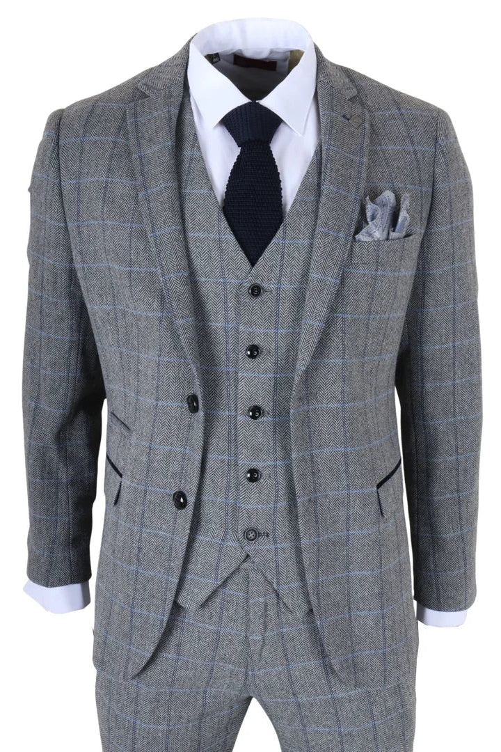 Harris - Costum bărbătesc gri din 3 piese, model herringbone, tweed, în carouri