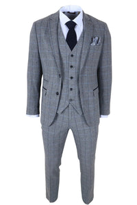 Harris - Costum bărbătesc gri din 3 piese, model herringbone, tweed, în carouri