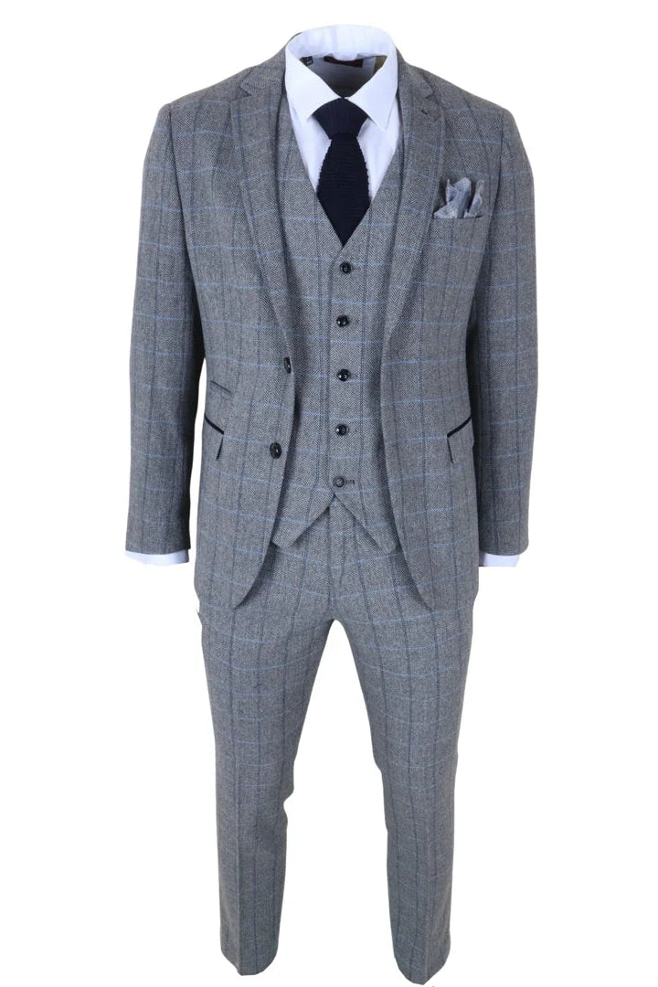 Harris - Costum bărbătesc gri din 3 piese, model herringbone, tweed, în carouri
