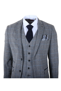 Harris - Costum bărbătesc gri din 3 piese, model herringbone, tweed, în carouri