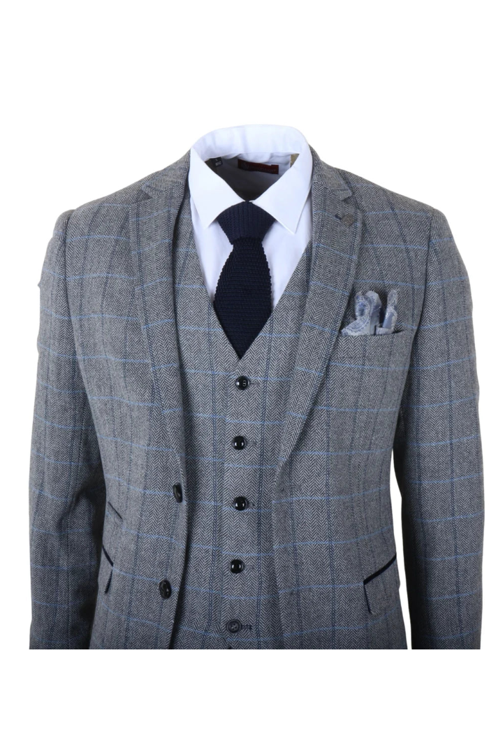 Harris - Costum bărbătesc gri din 3 piese, model herringbone, tweed, în carouri