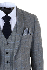 Harris - Costum bărbătesc gri din 3 piese, model herringbone, tweed, în carouri