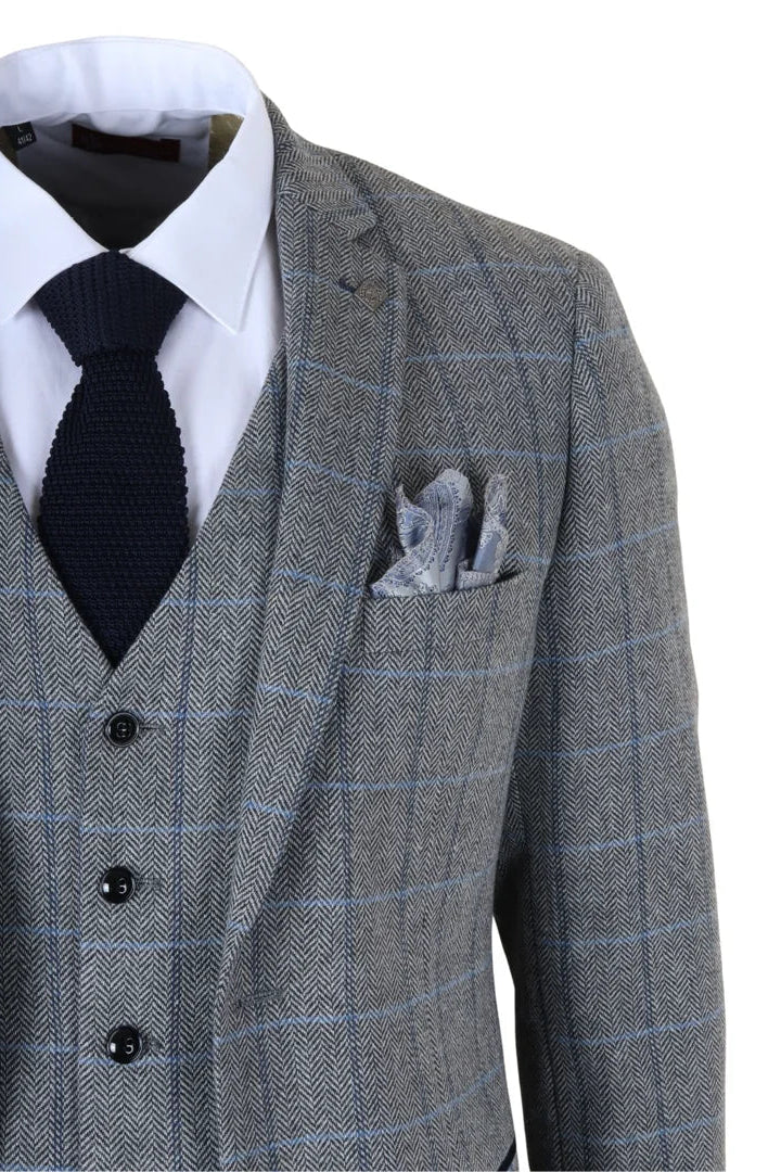 Harris - Costum bărbătesc gri din 3 piese, model herringbone, tweed, în carouri