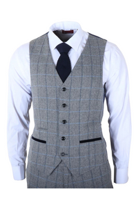 Harris - Costum bărbătesc gri din 3 piese, model herringbone, tweed, în carouri