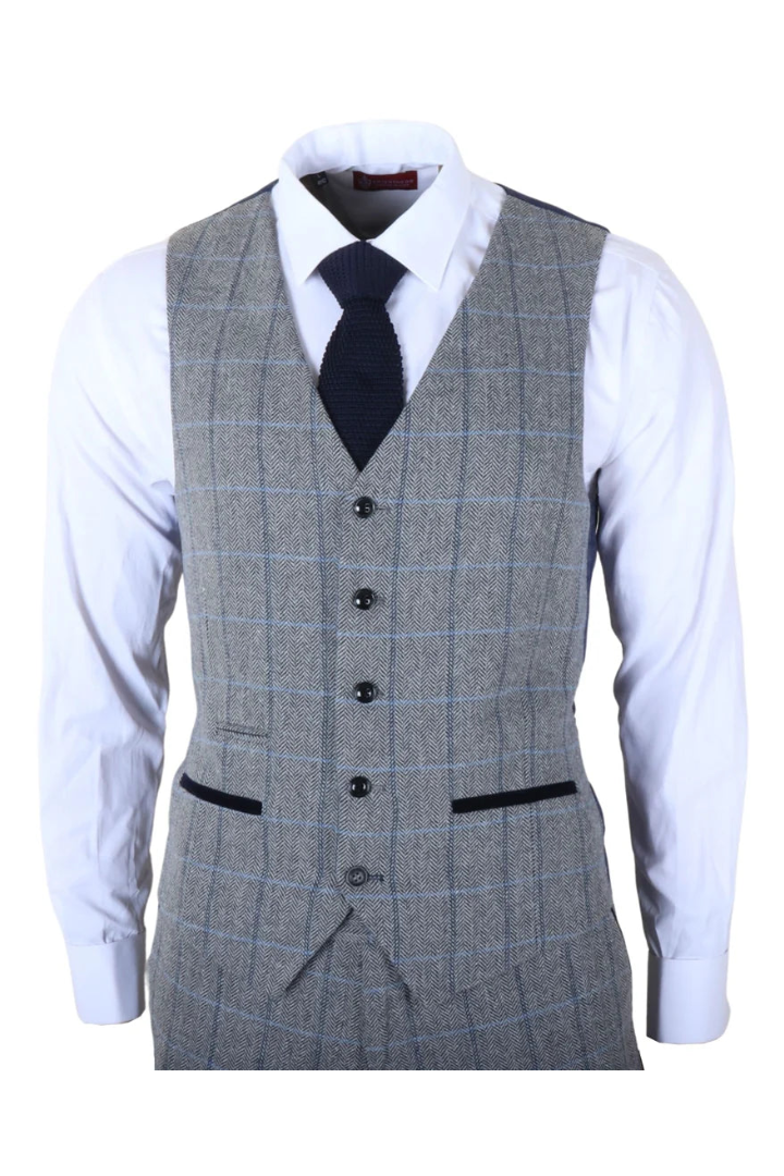 Harris - Costum bărbătesc gri din 3 piese, model herringbone, tweed, în carouri