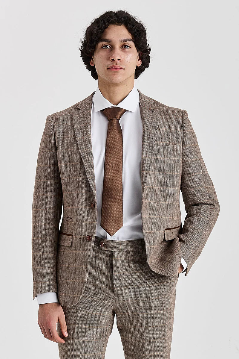 Harris - Sacou tweed maro în carouri herringbone pentru bărbați