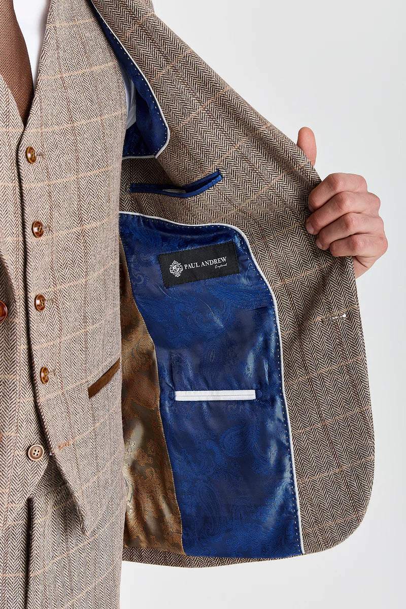 Harris - Sacou tweed maro în carouri herringbone pentru bărbați