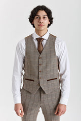 Vestă Harris - Tweed maro în carouri herringbone pentru bărbați