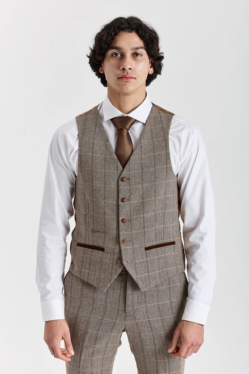 Vestă Harris - Tweed maro în carouri herringbone pentru bărbați
