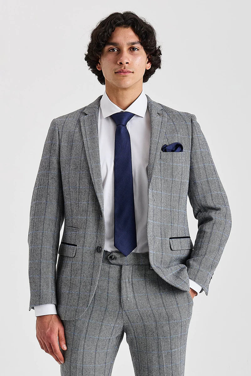 Harris - Sacou gri în carouri cu model herringbone din tweed pentru bărbați
