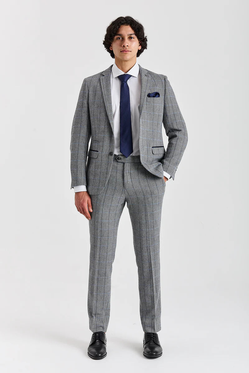 Harris - Sacou gri în carouri cu model herringbone din tweed pentru bărbați