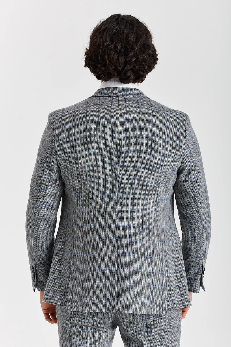 Harris - Sacou gri în carouri cu model herringbone din tweed pentru bărbați