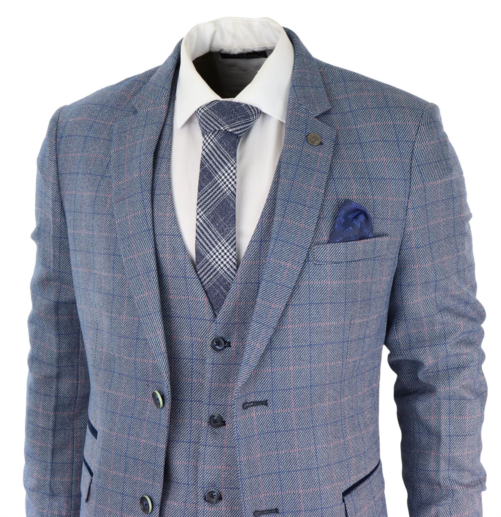 Mens 3 Piece Suit Sky Blue Check Wool Feel Marc Darcy Tailored Fit Wedding Prom Harry
