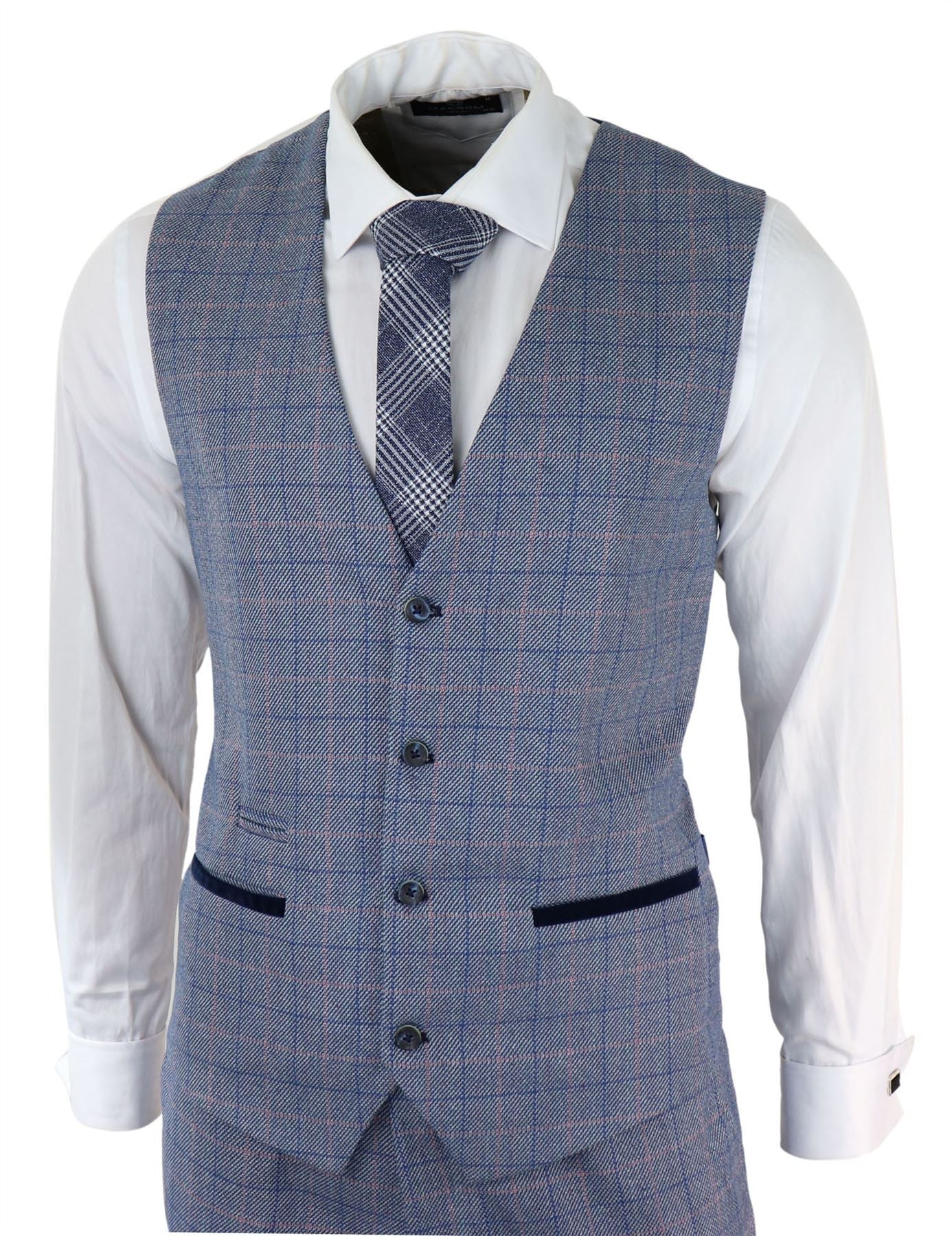 Mens 3 Piece Suit Sky Blue Check Wool Feel Marc Darcy Tailored Fit Wedding Prom Harry