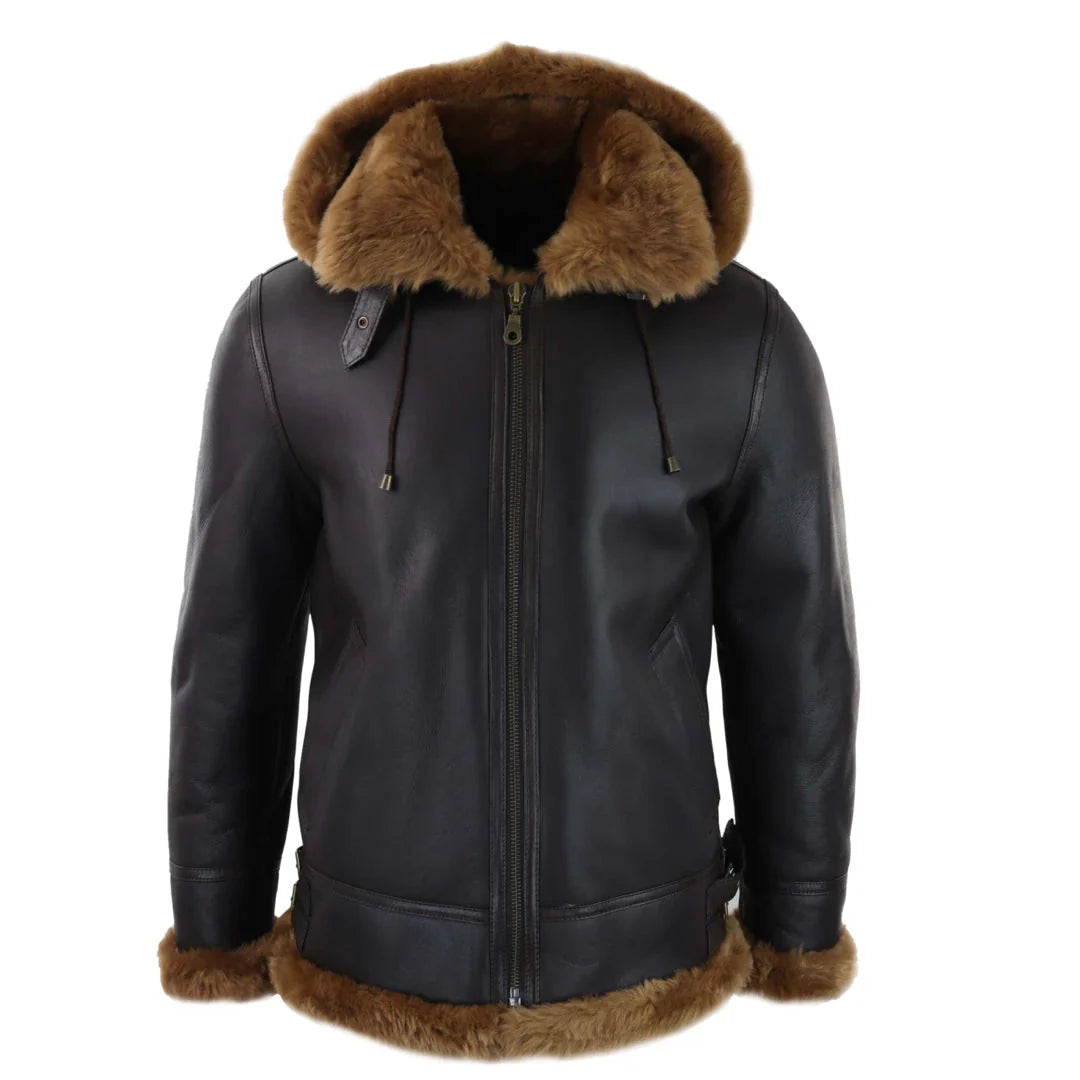 Men's Brown Leather Sherling Sheepskin Hood Jacket Aviator Flying Pilot
