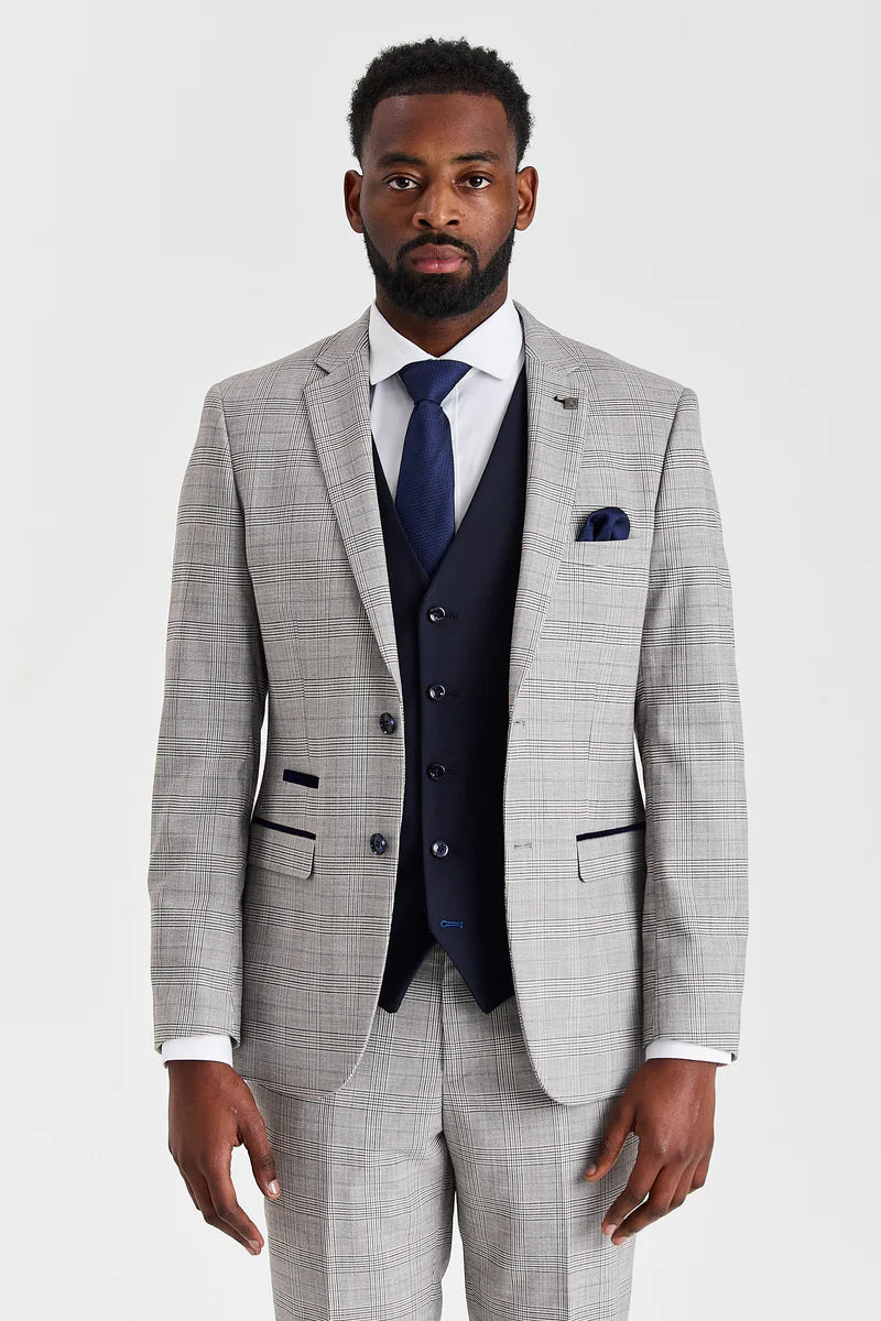 Costum Hugo gri cu vestă Parker bleumarin contrastantă