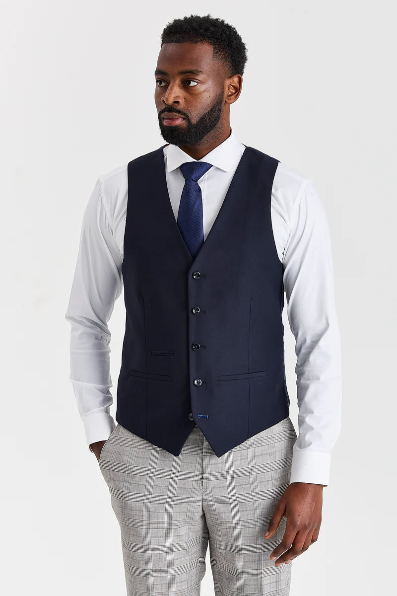 Costum Hugo gri cu vestă Parker bleumarin contrastantă