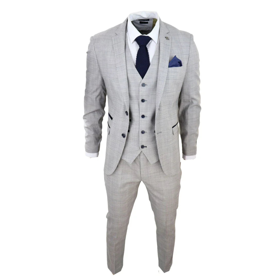 Hugo Men's Light Grey 3-Piece Suit with Navy Blue Check and Velvet Trims