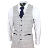 Hugo Men's Light Grey 3-Piece Suit with Navy Blue Check and Velvet Trims