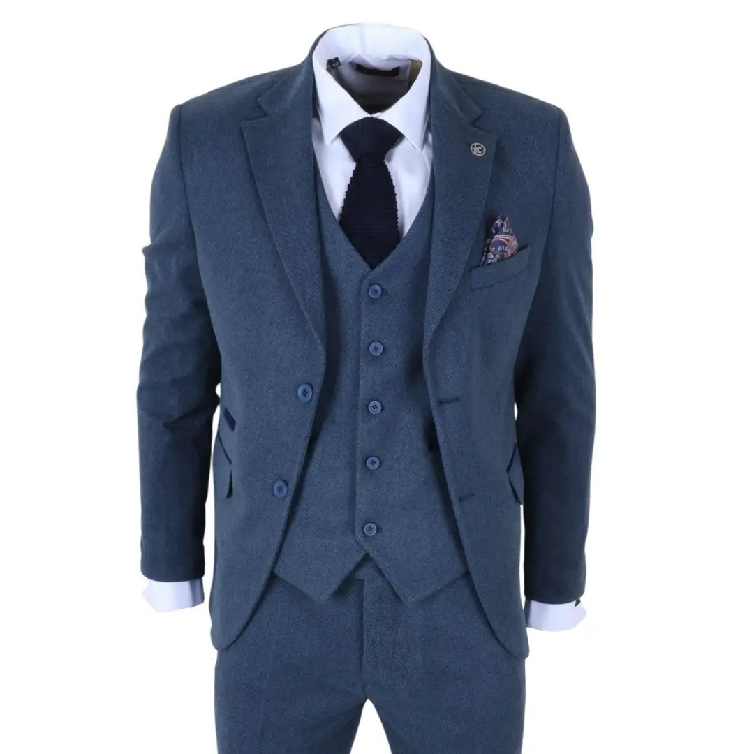 IM40 - Costum bărbătesc bleumarin din 3 piese, model herringbone, din tweed
