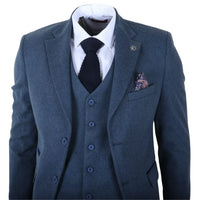 IM40 - Costum bărbătesc bleumarin din 3 piese, model herringbone, din tweed