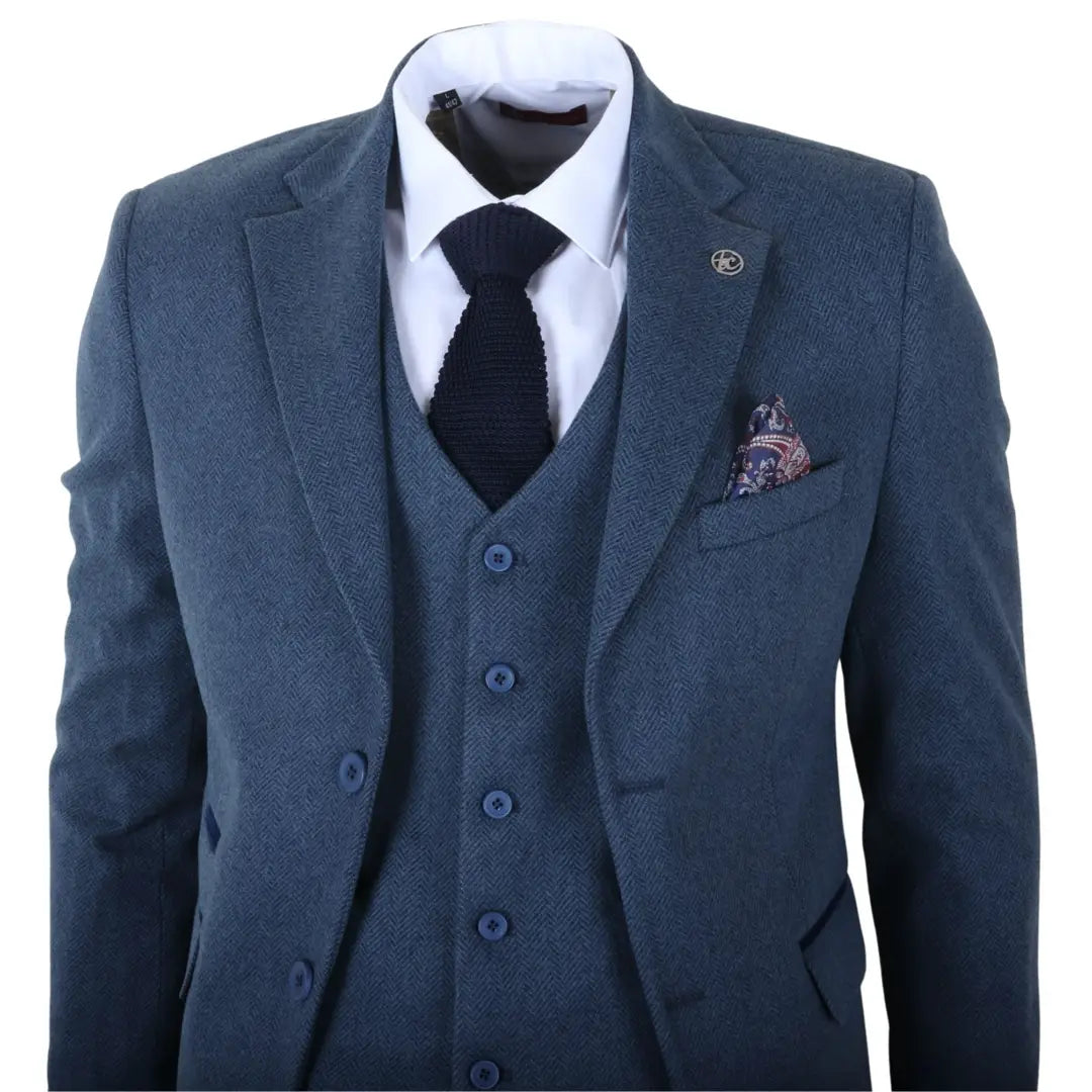 IM40 - Costum bărbătesc bleumarin din 3 piese, model herringbone, din tweed