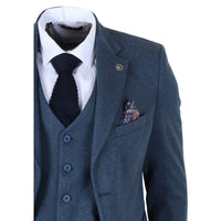 IM40 - Costum bărbătesc bleumarin din 3 piese, model herringbone, din tweed