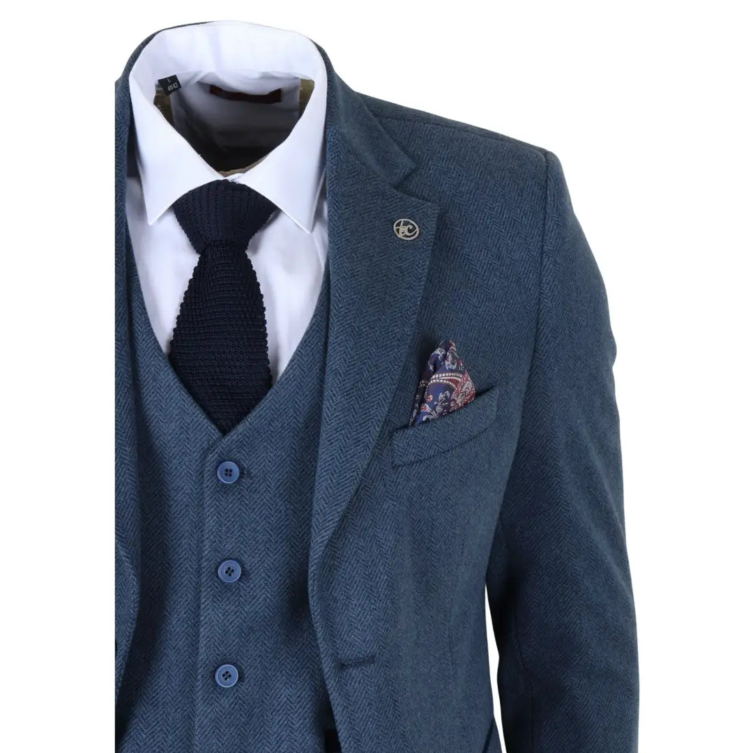 IM40 - Costum bărbătesc bleumarin din 3 piese, model herringbone, din tweed