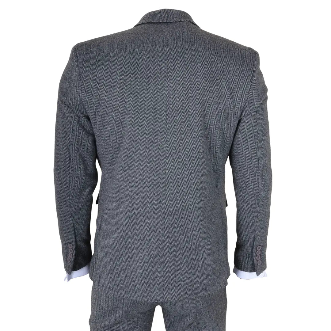 IM41 - Costum gri din 3 piese din tweed herringbone pentru bărbați
