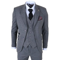 IM41 - Costum gri din 3 piese din tweed herringbone pentru bărbați