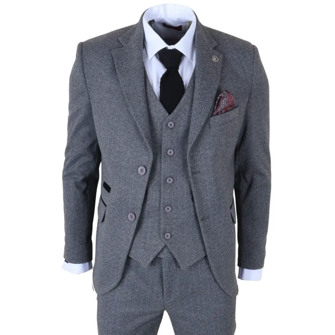 IM41 - Costum gri din 3 piese din tweed herringbone pentru bărbați