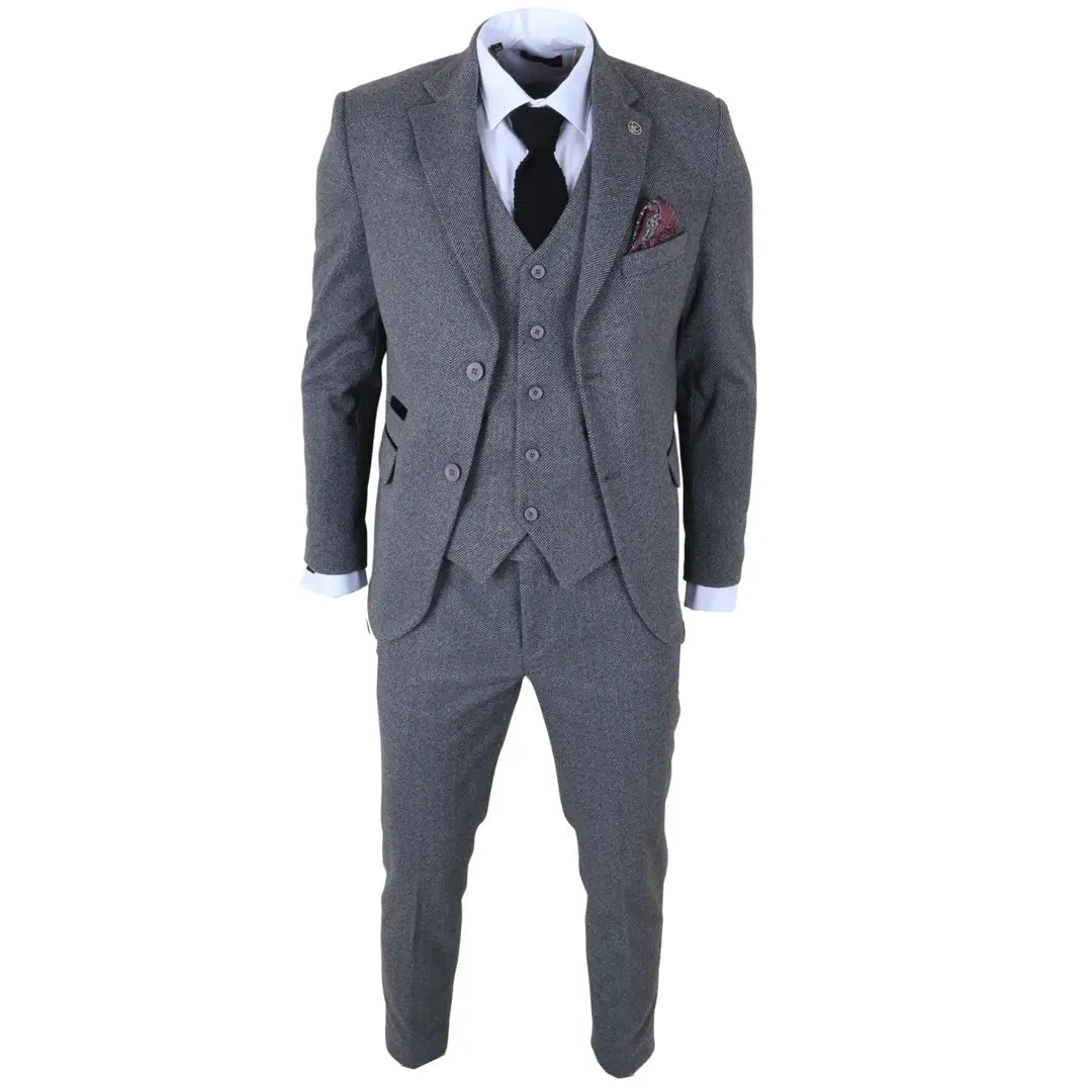 IM41 - Costum gri din 3 piese din tweed herringbone pentru bărbați