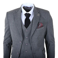 IM41 - Costum gri din 3 piese din tweed herringbone pentru bărbați