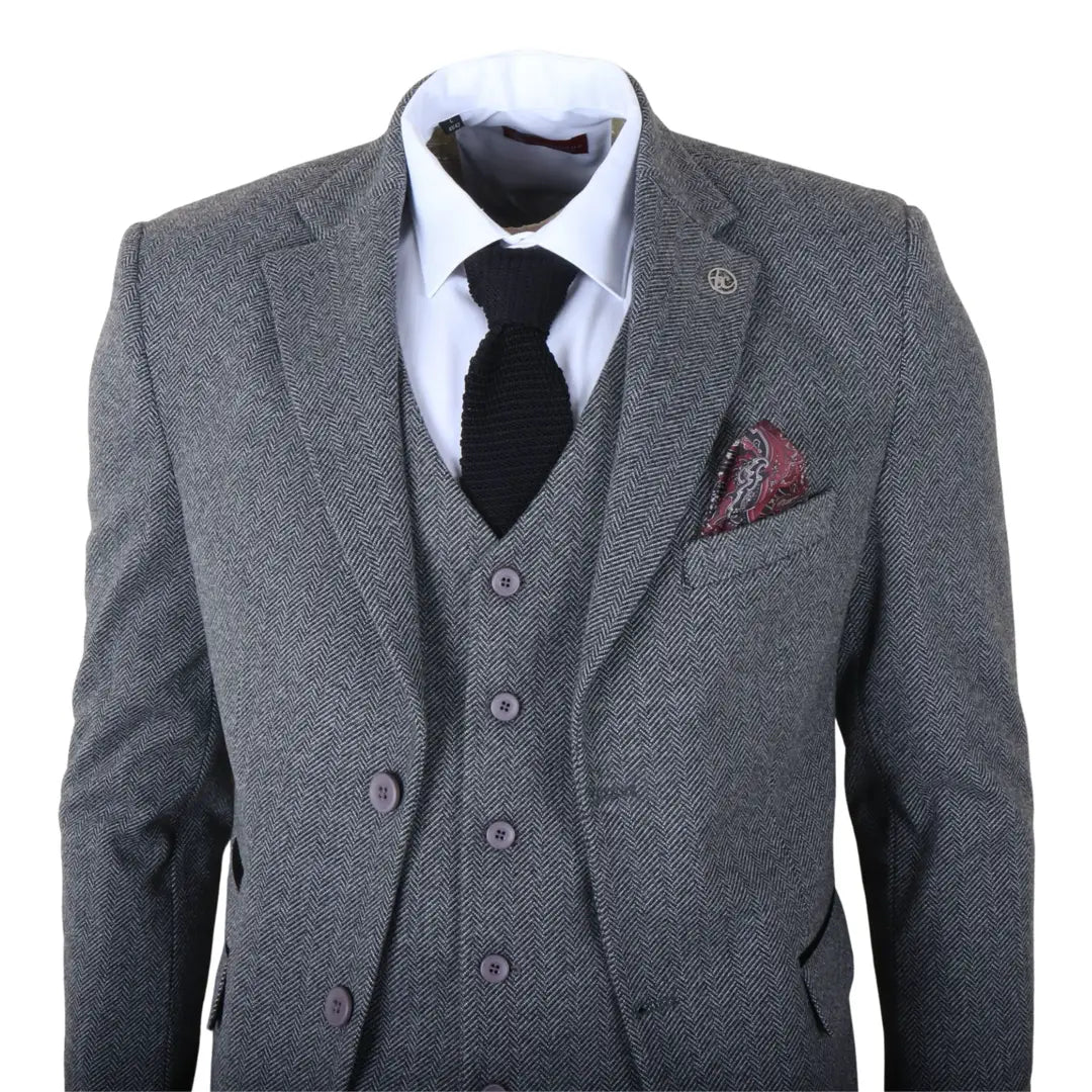 IM41 - Costum gri din 3 piese din tweed herringbone pentru bărbați