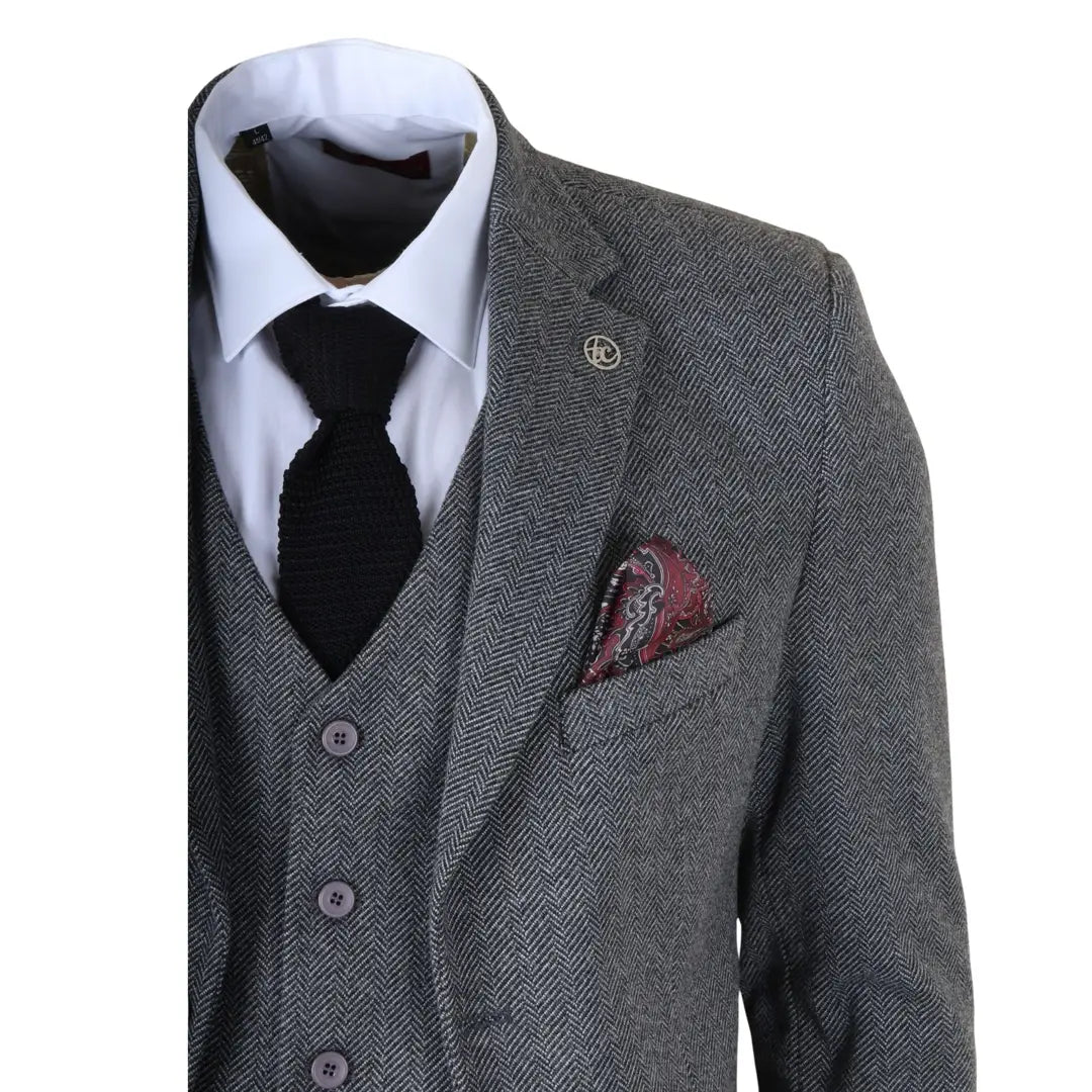IM41 - Costum gri din 3 piese din tweed herringbone pentru bărbați