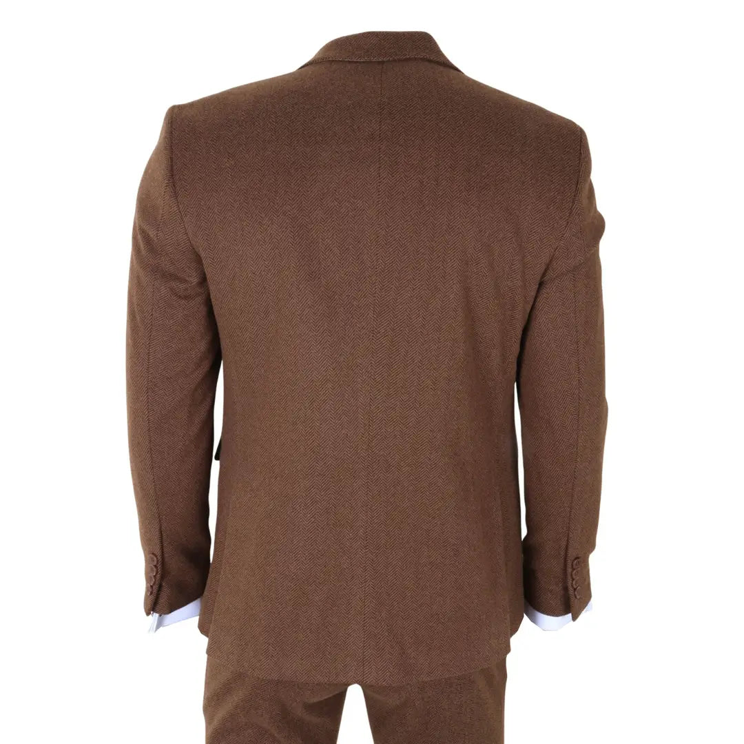 IM42 - Costum bărbătesc maro din 3 piese, model herringbone, din tweed