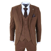 IM42 - Costum bărbătesc maro din 3 piese, model herringbone, din tweed