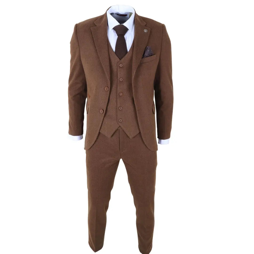 IM42 - Costum bărbătesc maro din 3 piese, model herringbone, din tweed