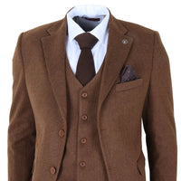 IM42 - Costum bărbătesc maro din 3 piese, model herringbone, din tweed